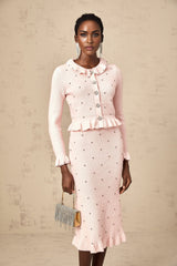 Agnese Cardigan & Skirt - Ribbed Knit Design - Argyle Check Pattern - Ruffled Trim - Pleated Accents