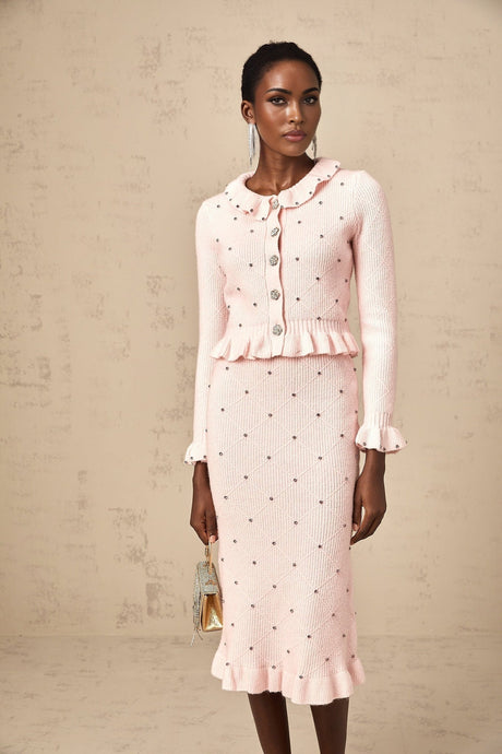 Agnese Cardigan & Skirt - Ribbed Knit Design - Argyle Check Pattern - Ruffled Trim - Pleated Accents