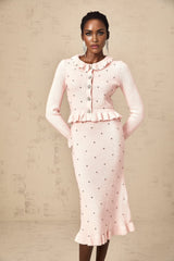 Agnese Cardigan & Skirt - Ribbed Knit Design - Argyle Check Pattern - Ruffled Trim - Pleated Accents