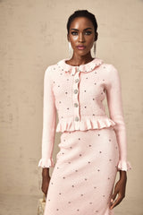 Agnese Cardigan & Skirt - Ribbed Knit Design - Argyle Check Pattern - Ruffled Trim - Pleated Accents