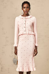 Agnese Cardigan & Skirt - Ribbed Knit Design - Argyle Check Pattern - Ruffled Trim - Pleated Accents