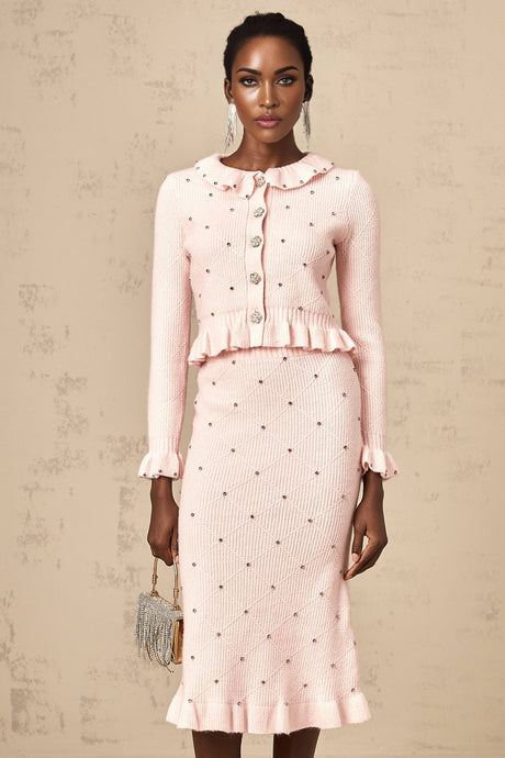 Agnese Cardigan & Skirt - Ribbed Knit Design - Argyle Check Pattern - Ruffled Trim - Pleated Accents