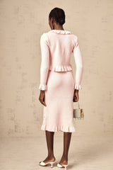 Agnese Cardigan & Skirt - Ribbed Knit Design - Argyle Check Pattern - Ruffled Trim - Pleated Accents