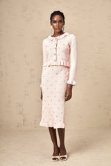 Agnese Cardigan & Skirt - Ribbed Knit Design - Argyle Check Pattern - Ruffled Trim - Pleated Accents