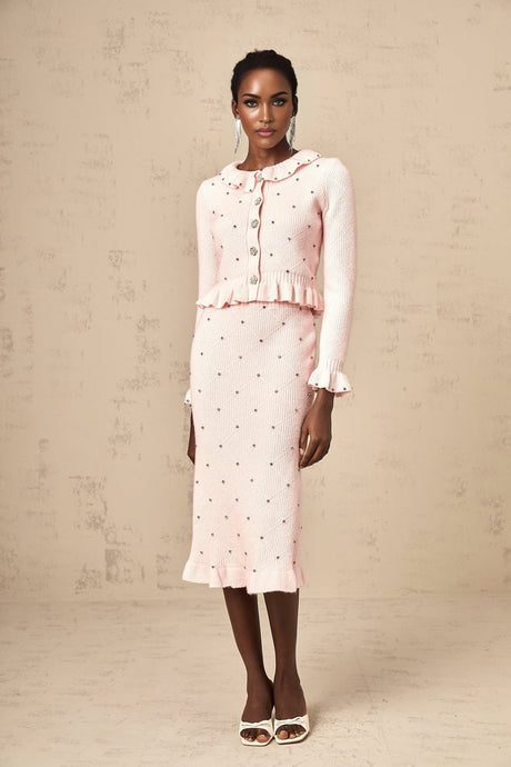 Agnese Cardigan & Skirt - Ribbed Knit Design - Argyle Check Pattern - Ruffled Trim - Pleated Accents