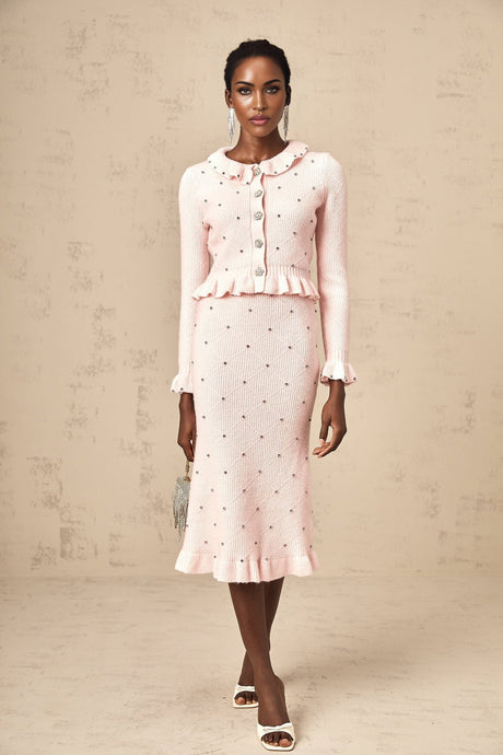 Agnese Cardigan & Skirt - Ribbed Knit Design - Argyle Check Pattern - Ruffled Trim - Pleated Accents