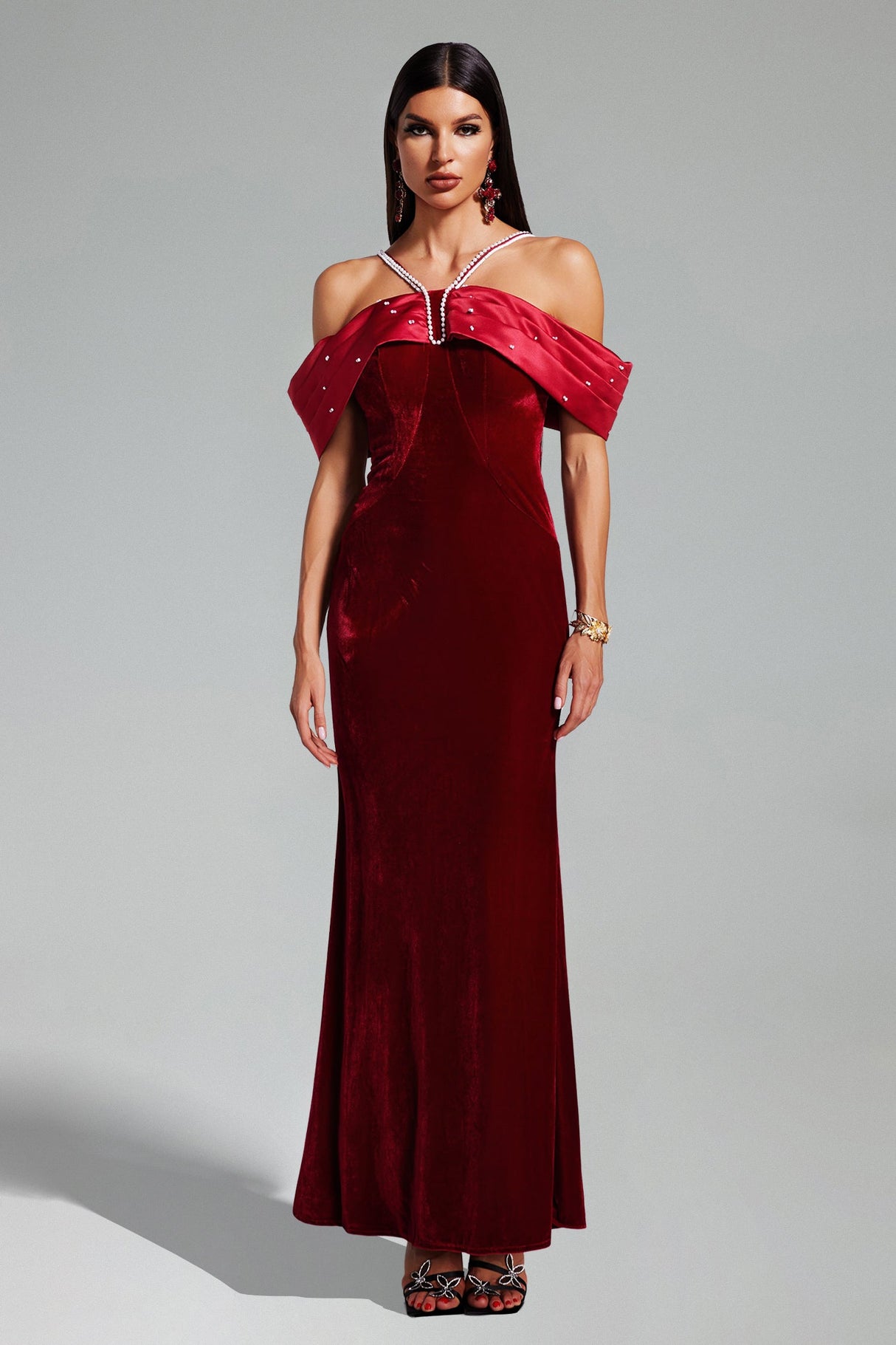Agnese Red Velvet Maxi Dress with Beaded Embellishments