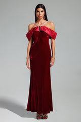 Agnese Red Velvet Maxi Dress with Beaded Embellishments