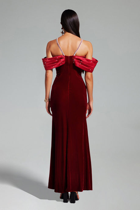 Agnese Red Velvet Maxi Dress with Beaded Embellishments for Formal Occasions and Evening Events