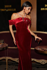Agnese Red Velvet Maxi Dress with Beaded Embellishments