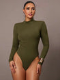 Agnolina Bodysuit - High Stretch Knitted Fabric - Slim Fit - Long Sleeve Length - Casual Style - Backless, Ruched - Stand Collar Neckline