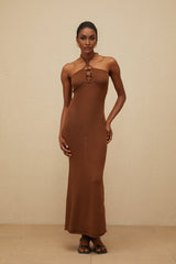 Agnolina Maxi Dress - halter neck - Bead Embellishment - Brown