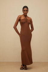 Agnolina Maxi Dress - halter neck - Bead Embellishment - Brown