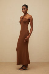 Agnolina Maxi Dress - halter neck - Bead Embellishment - Brown