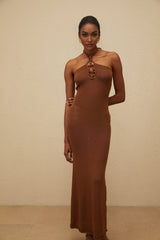 Agnolina Maxi Dress - halter neck - Bead Embellishment - Brown