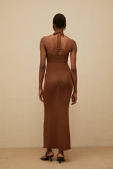 Agnolina Maxi Dress - halter neck - Bead Embellishment - Brown