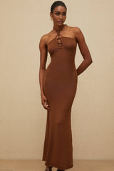 Agnolina Maxi Dress - halter neck - Bead Embellishment - Brown