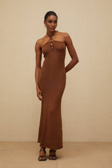 Agnolina Maxi Dress - halter neck - Bead Embellishment - Brown