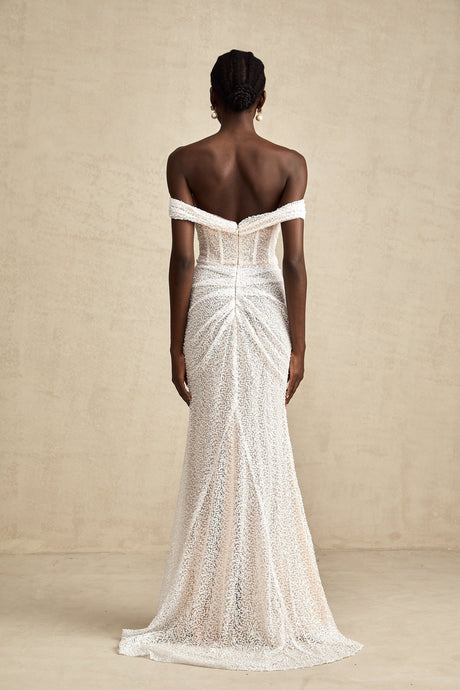 Agnolina Maxi Dress - Off - Shoulder Design - Corset Style - Sequin Embellishment - Ruched Detailing