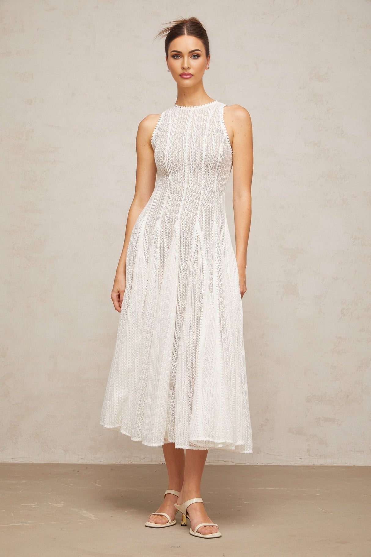 Agnolina Midi Dress - Crochet Knit - Sleeveless - Puff Skirt - Godet Design