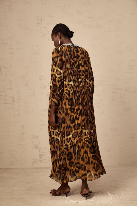 Agnolina Midi Dress - Leopard Print - Crystal Embellishment - Pleated - Long Sleeves - Keyhole Front