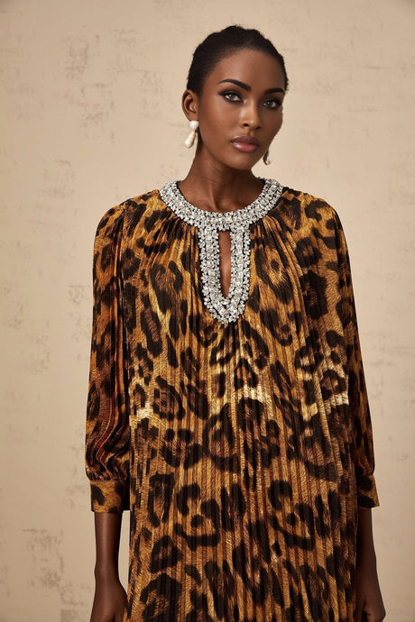 Agnolina Midi Dress - Leopard Print - Crystal Embellishment - Pleated - Long Sleeves - Keyhole Front