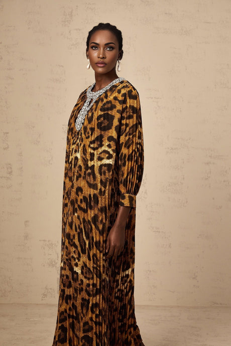 Agnolina Midi Dress - Leopard Print - Crystal Embellishment - Pleated - Long Sleeves - Keyhole Front