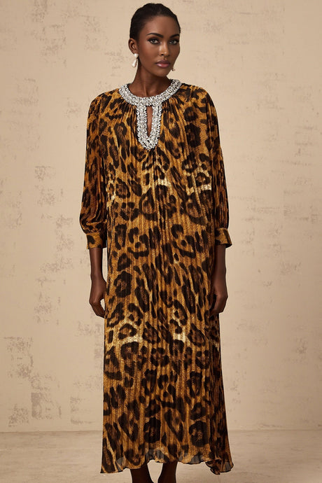 Agnolina Midi Dress - Leopard Print - Crystal Embellishment - Pleated - Long Sleeves - Keyhole Front