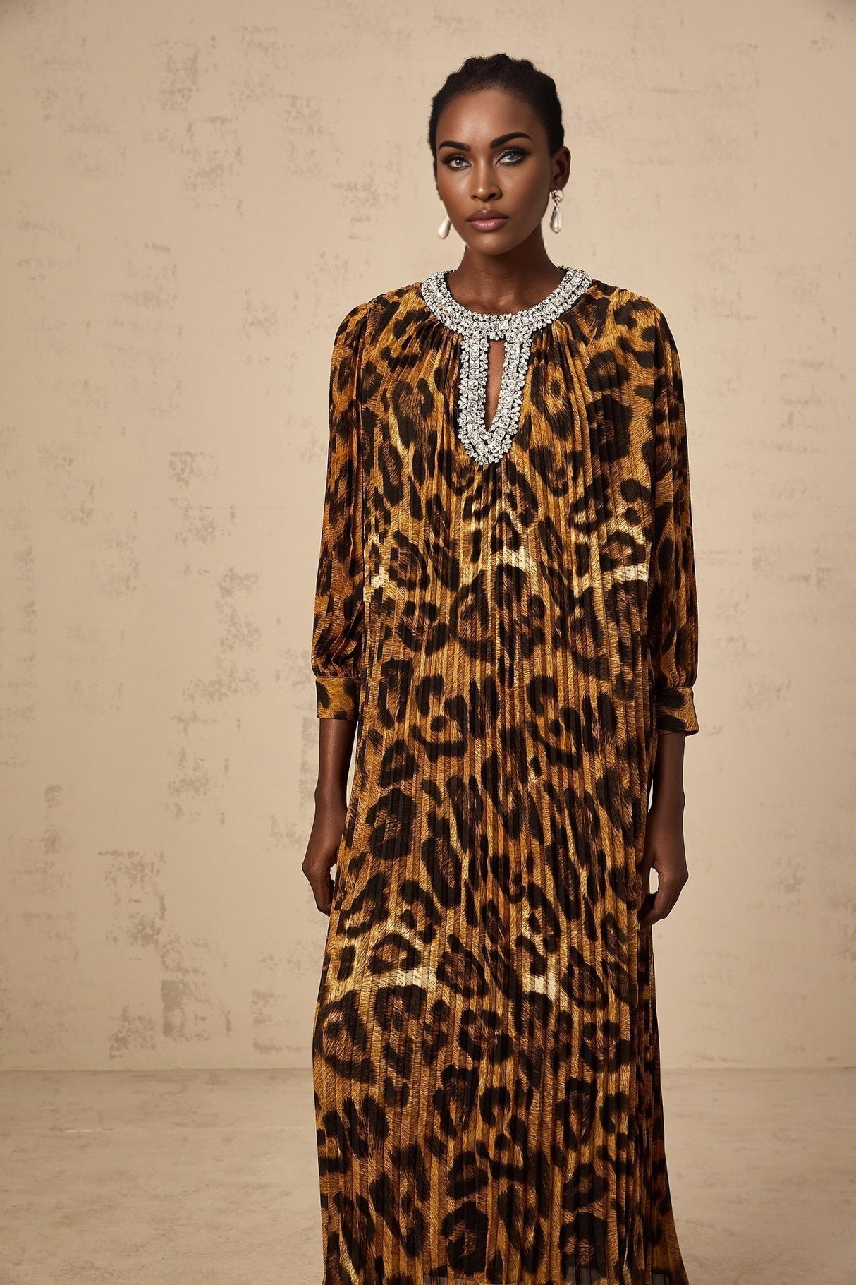 Agnolina Midi Dress - Leopard Print - Crystal Embellishment - Pleated - Long Sleeves - Keyhole Front