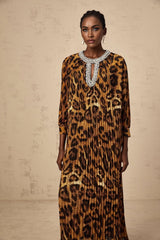 Agnolina Midi Dress - Leopard Print - Crystal Embellishment - Pleated - Long Sleeves - Keyhole Front