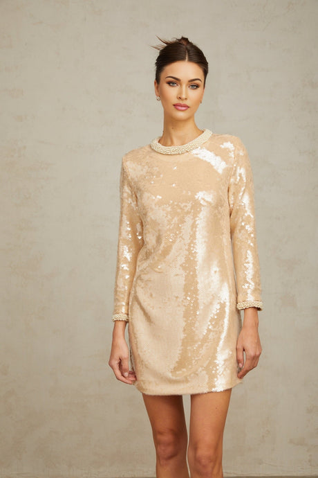 Agnolina Mini Dress – Crew Neck – Long Sleeves – Sequin Embellishment