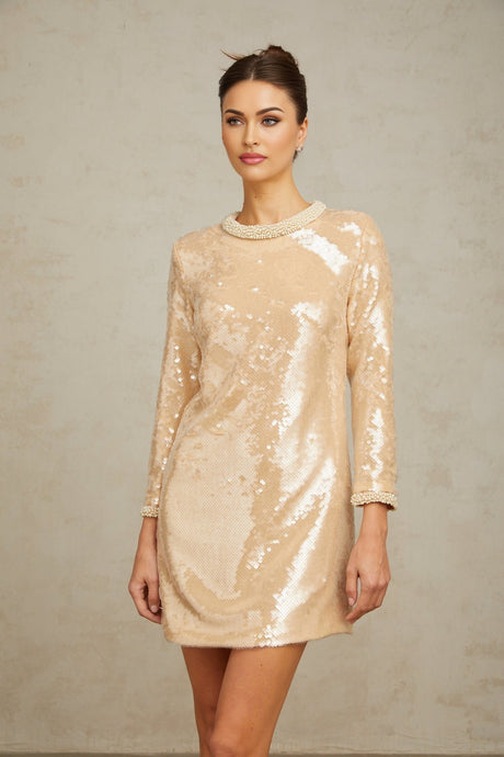 Agnolina Mini Dress – Crew Neck – Long Sleeves – Sequin Embellishment