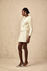 Aida Cardigan & Skirt Set - Knitted Metallic Threaded Design - Round Neck - Gold - Tone Buttons - A - line Silhouette