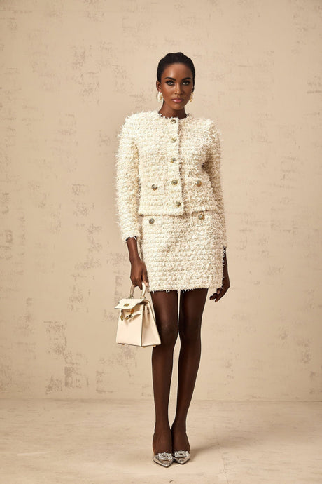 Aida Cardigan & Skirt Set - Knitted Metallic Threaded Design - Round Neck - Gold - Tone Buttons - A - line Silhouette