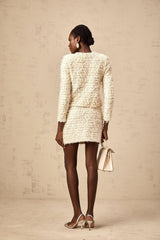Aida Cardigan & Skirt Set - Knitted Metallic Threaded Design - Round Neck - Gold - Tone Buttons - A - line Silhouette