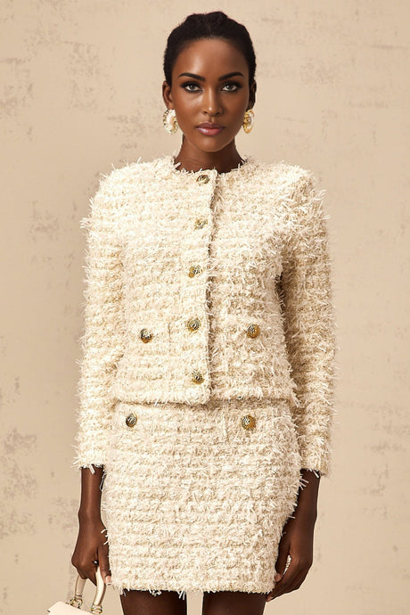 Aida Cardigan & Skirt Set - Knitted Metallic Threaded Design - Round Neck - Gold - Tone Buttons - A - line Silhouette
