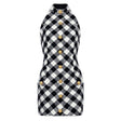 Aida Dress - Form - Fitting Halter Neckline - Plaid Pattern - Tailored Fit - Statement Gold Buttons