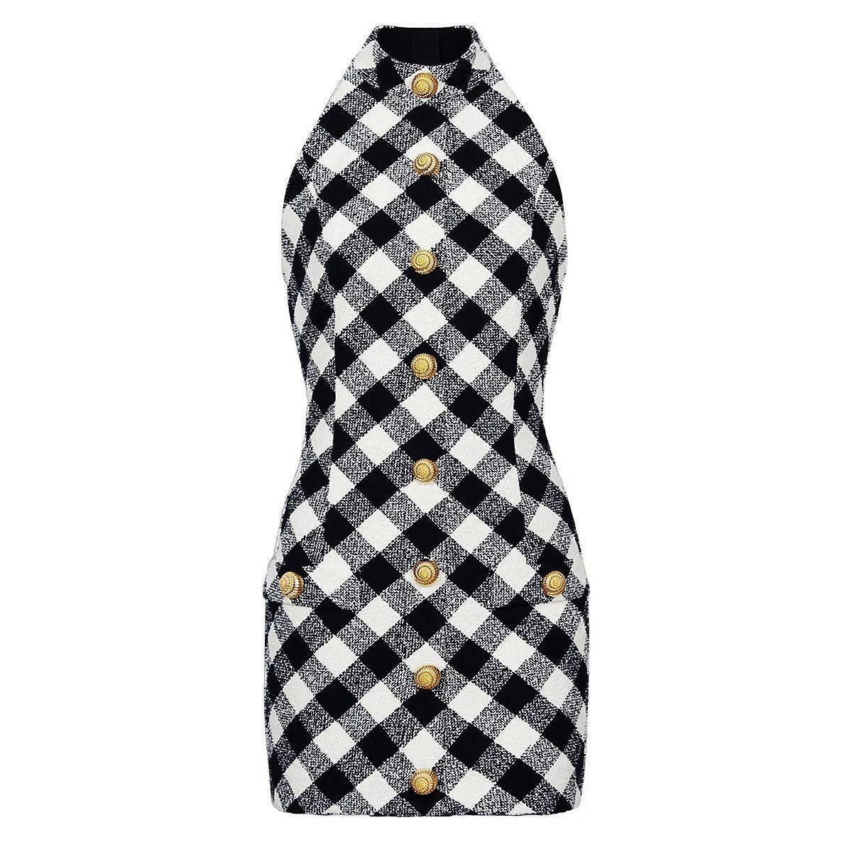 Aida Dress - Form - Fitting Halter Neckline - Plaid Pattern - Tailored Fit - Statement Gold Buttons