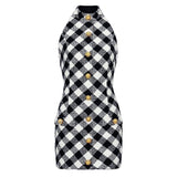 Aida Dress - Form - Fitting Halter Neckline - Plaid Pattern - Tailored Fit - Statement Gold Buttons