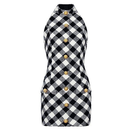 Aida Dress - Form - Fitting Halter Neckline - Plaid Pattern - Tailored Fit - Statement Gold Buttons