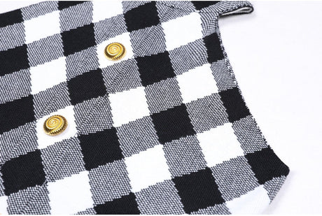 Aida Dress - Form - Fitting Halter Neckline - Plaid Pattern - Tailored Fit - Statement Gold Buttons