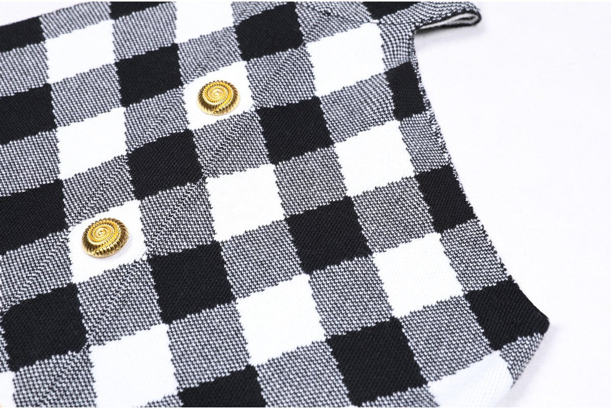 Aida Dress - Form - Fitting Halter Neckline - Plaid Pattern - Tailored Fit - Statement Gold Buttons