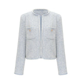 Aida Jacket - Round Neck - Tweed - Golden Button Detailing - Panelled Construction