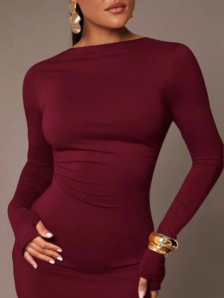 Aida Maxi Dress - Refined Style - Formal & Evening Occasion - Slim Fit - High Waist Line - Knitted Fabric - Long Sleeve - Boat Neck