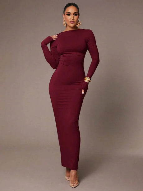Aida Maxi Dress - Refined Style - Formal & Evening Occasion - Slim Fit - High Waist Line - Knitted Fabric - Long Sleeve - Boat Neck