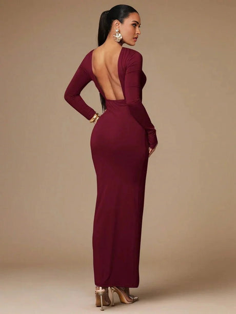 Aida Maxi Dress - Refined Style - Formal & Evening Occasion - Slim Fit - High Waist Line - Knitted Fabric - Long Sleeve - Boat Neck
