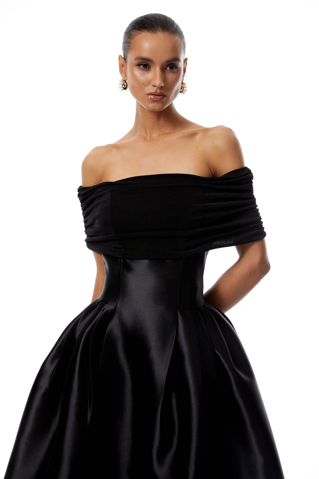 Ainara Black Off Shoulder Polished Midi Dress