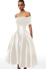 Ainara White Off Shoulder Polished Midi Dress