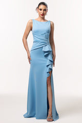 Ainsley Blue Elegant Sophisticated Dress with High Slit and Ruffle Detailing