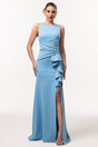 Ainsley Blue Elegant Sophisticated Dress with High Slit and Ruffle Detailing